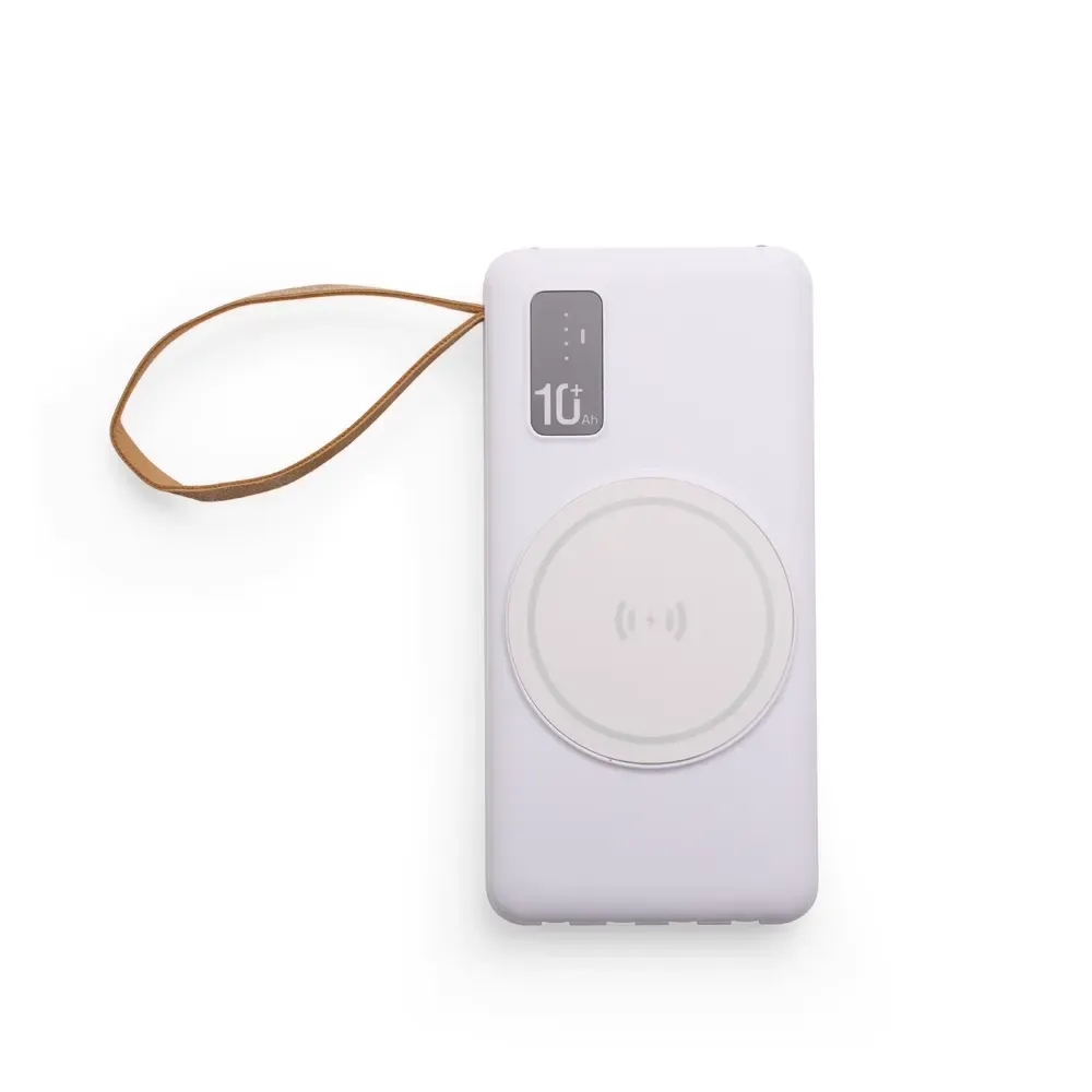 Power Bank 10.000mAh com Carregamento via Indução ou via Cabo Personalizado, cor branca