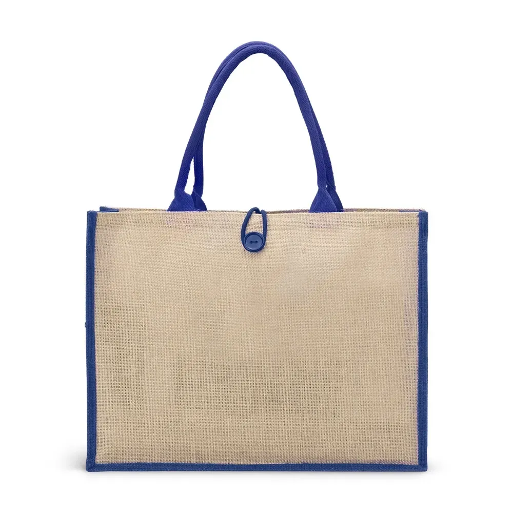 Sacola de juta com botão personalizada, cor azul