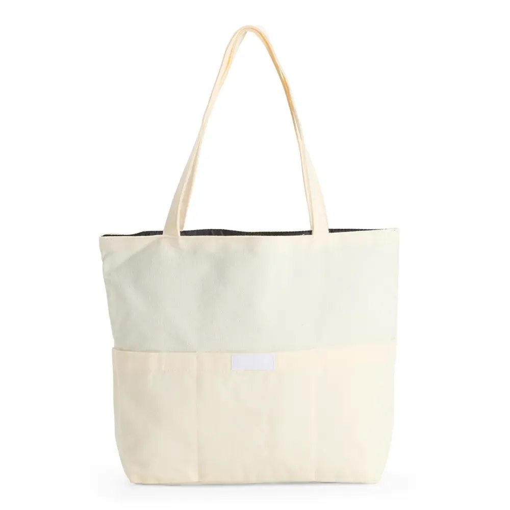Sacola de lona com bolso frontal personalizada, cor bege