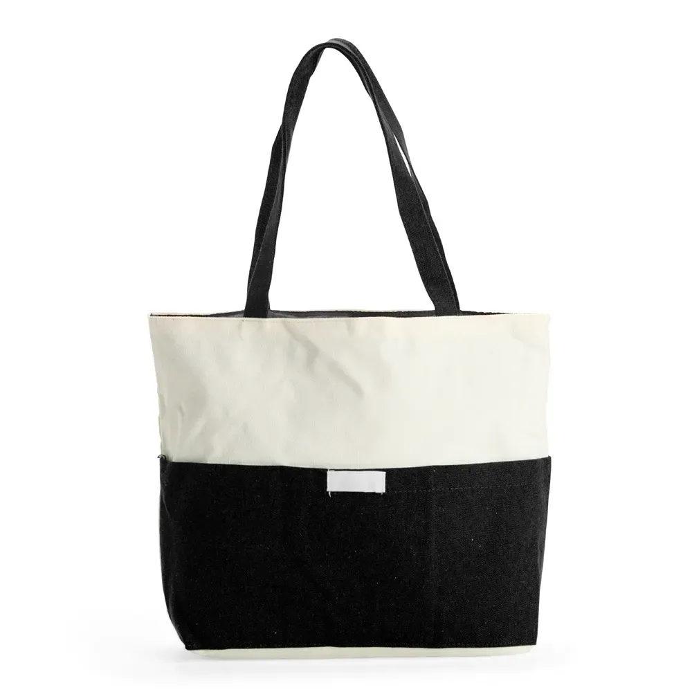 Sacola de lona com bolso frontal personalizada, cor preta