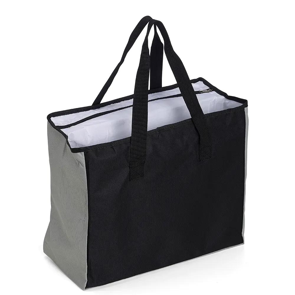 Sacola de poliéster personalizada 25 litros com bolso térmico, cor preto com cinza