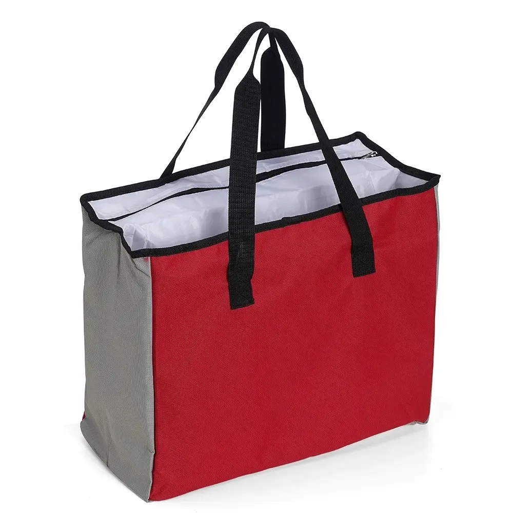 Sacola de poliéster personalizada 25 litros com bolso térmico, cor vermelho com cinza