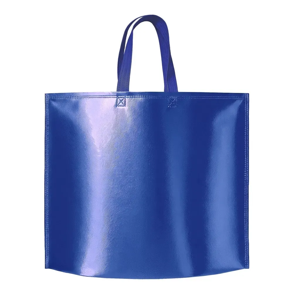 Sacola de TNT metalizada personalizada, formato largo, cor azul escuro