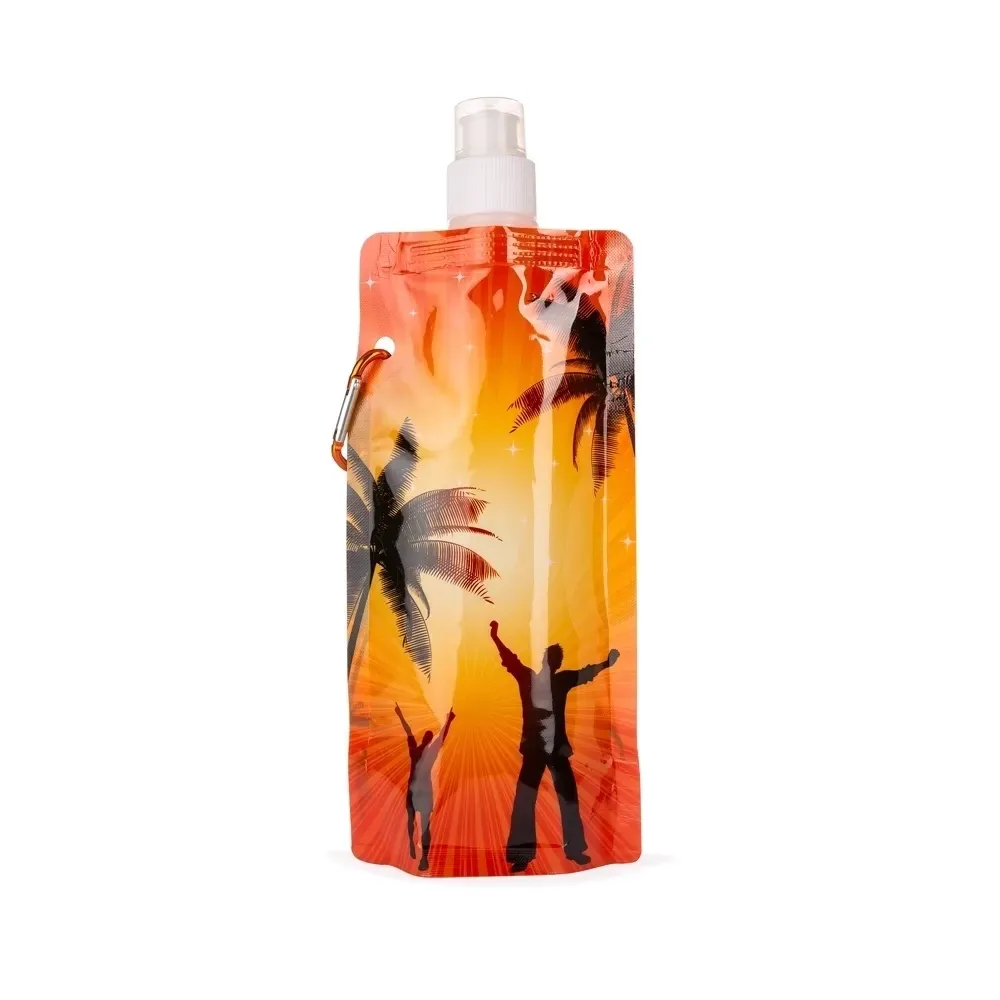 Squeeze dobrável personalizado 450ml com mosquetão, estampa coqueiro