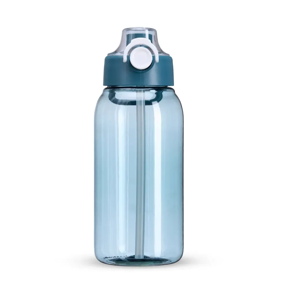 Squeeze plástico 1 litro com canudo interno personalizado, azul ciano