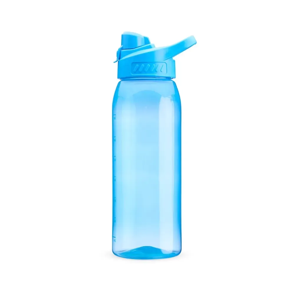 Squeeze plástico 850ml com marcação de volume personalizado, azul